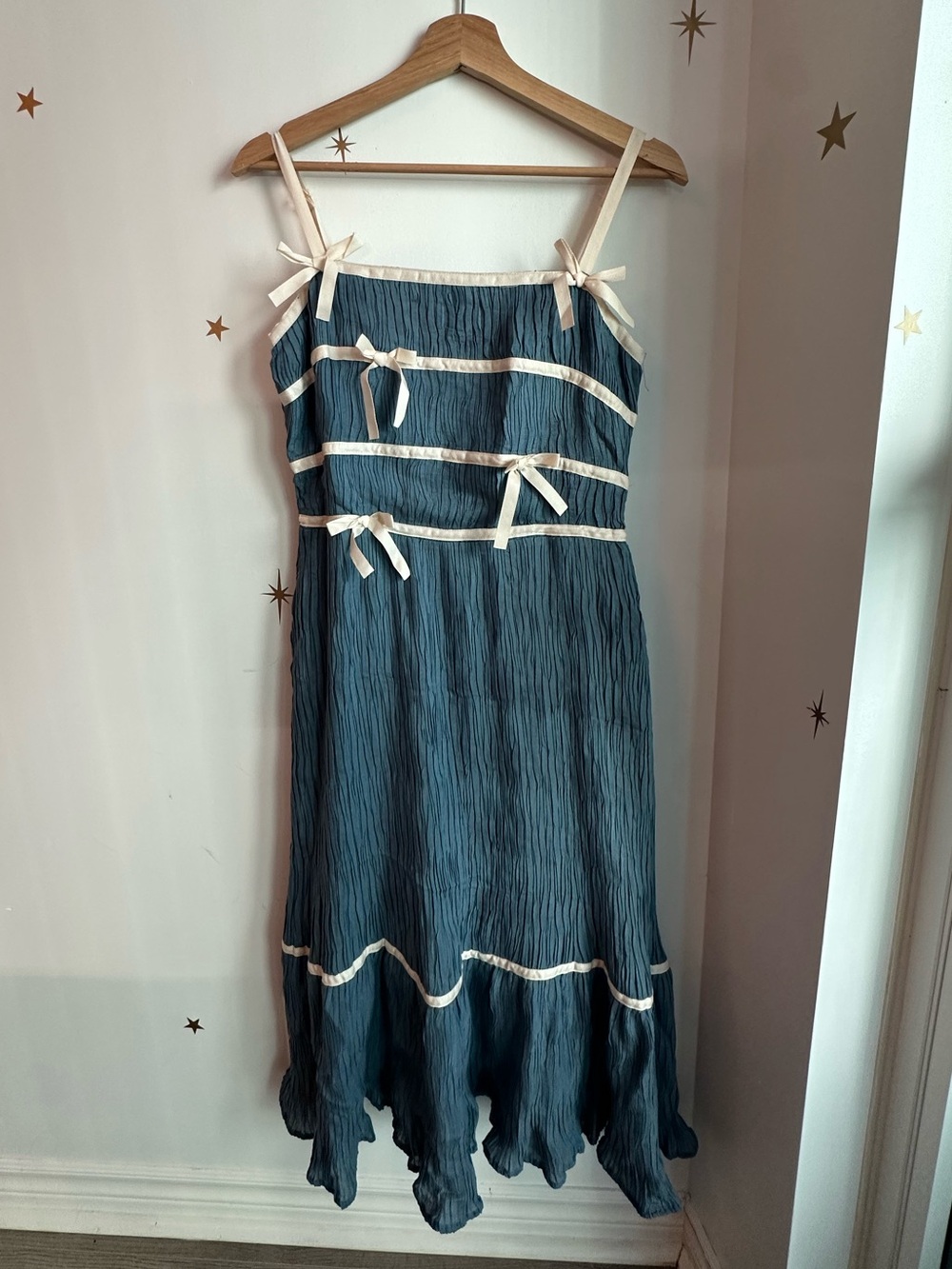 Blue Spaghetti-Strap Midi Dress with Cream Trim